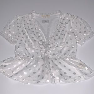 V neck white polka dot blouse